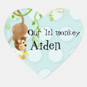 Lil Monkey, Boy Baby Shower Sticker Seal Hjärtformat Klistermärke