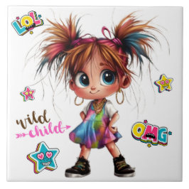 Lil Quirky Girl Wild Child Ceramic Tile Kakelplatta