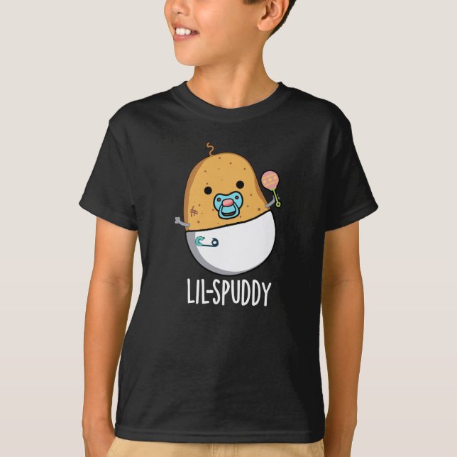 Lil-spuddy Funny Potato Pun Dark BG T Shirt (Framsida)