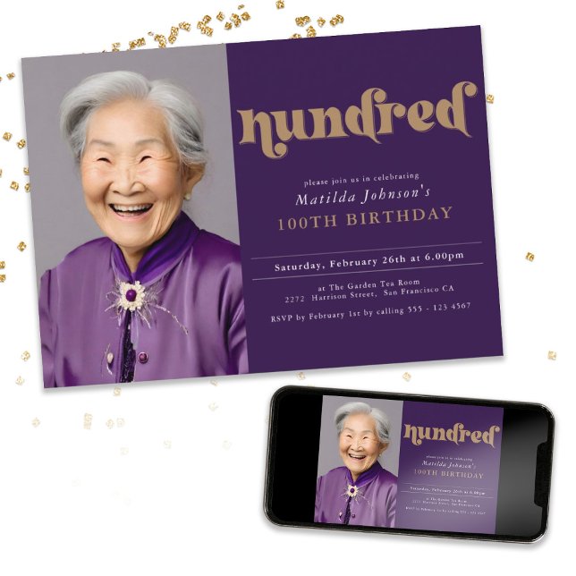 Lila 100:e Födelsedagsfest inbjudan (Purple 100th Birthday Party Invitation)