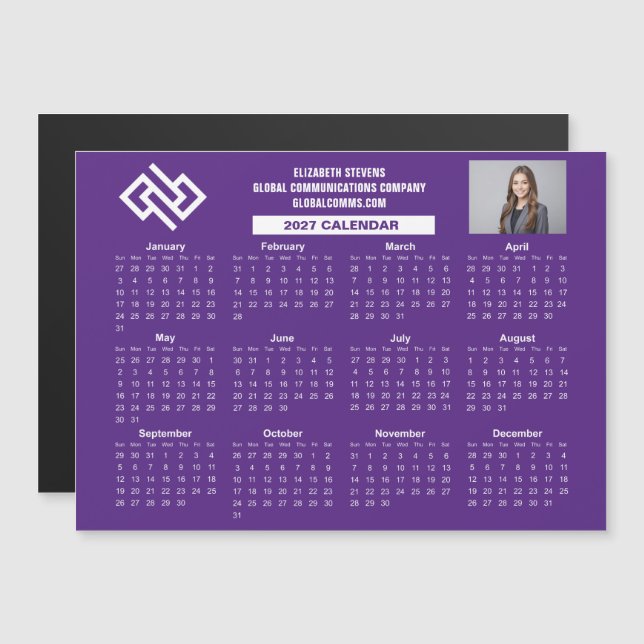 Lila 2027 Företagskalender Anpassad Magnet (Fram/baksida)