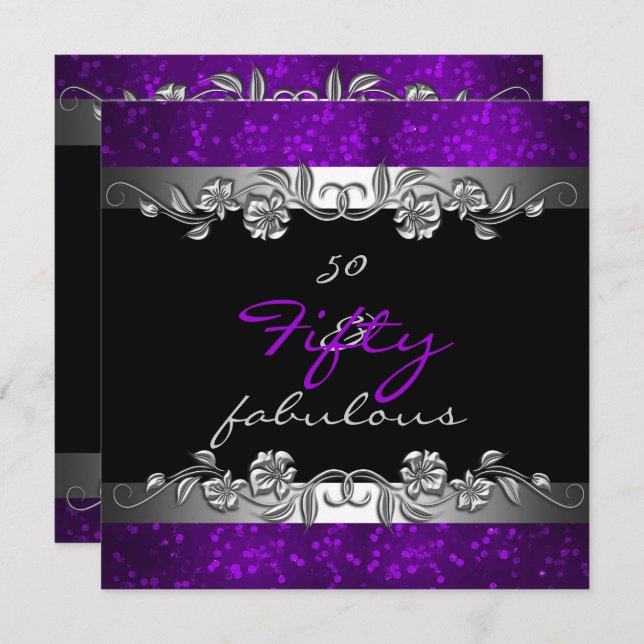 Lila 50 & Fabulous 50:e Födelsedagsfesten Inbjudningar (Fram/baksida)