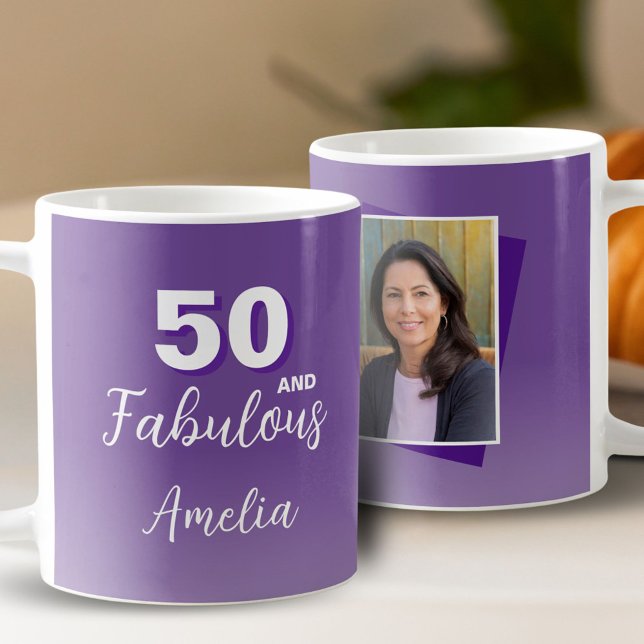 Lila 50 och Fabulous 50:e födelsedagsfoto Kaffemugg (Skapare uppladdad)