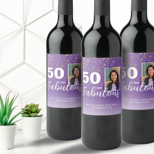 Lila 50 och Fabulous Glitter 50:e födelsedagsfoto Vinflaska Etikett
