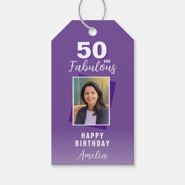 Lila 50 och fantastisk 50-års födelsedagsfoto  presentetikett (Framsidan)