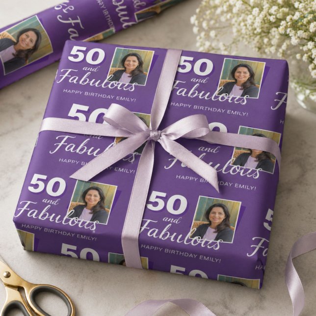 Lila 50 och fantastisk 50-års födelsedagsfoto presentpapper (Skapare uppladdad)