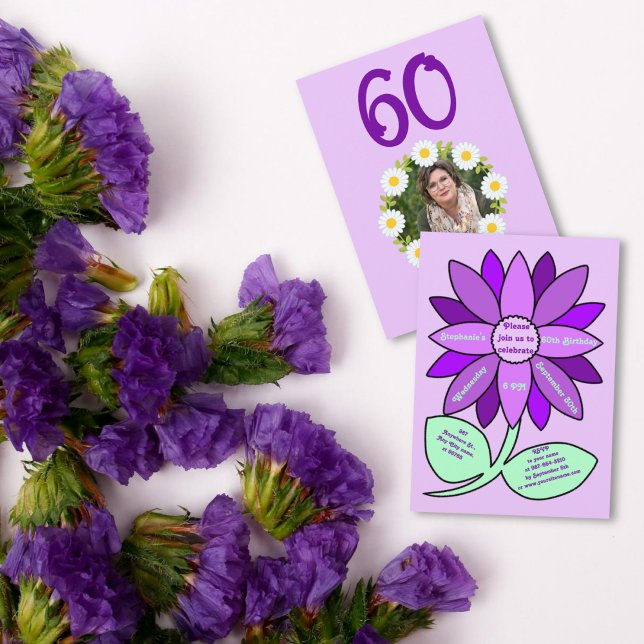 Lila 60:e födelsedag Enkel Lila Solros Inbjudningar (Skapare uppladdad)