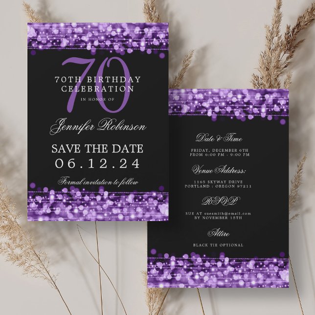 Lila 70:e födelsedag Spara datum med detaljer Inbjudningar (Purple 70th Birthday Save the Date w/ Details Invitation)