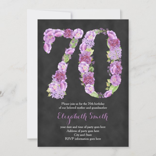 lila 70:e födelsedagsfest inbjudan för dam (Framsida)