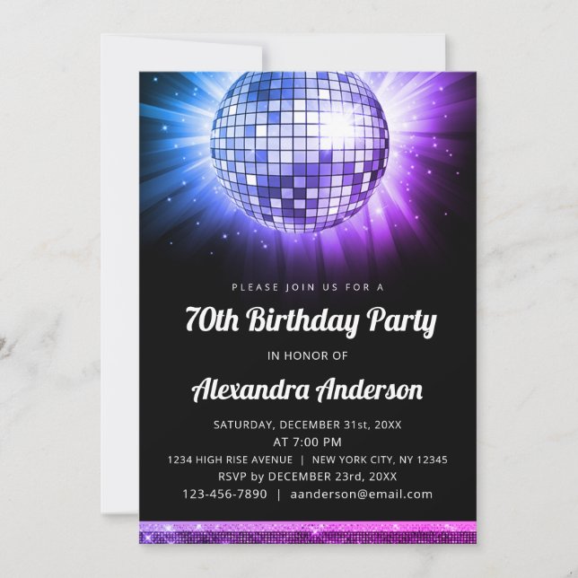 Lila 70:e Födelsedagsfesten Disco Boll Inbjudningar (Framsida)