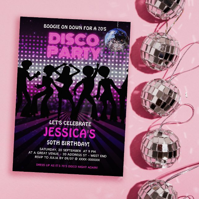 Lila 70s Disco Dancing Party Inbjudningar (Time to get you groove on with our out of sight, 70s Disco Party birthday invitation. )