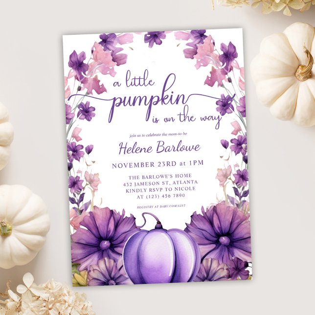 Lila A Little Pumpkin Baby Shower Inbjudningar (Purple A Little Pumpkin Baby Shower Invitation)