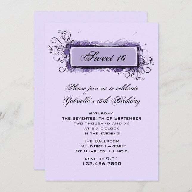 Lila Abstrakt Blommigt Söt 16 Födelsedagsfester Inbjudningar (Fram/baksida)