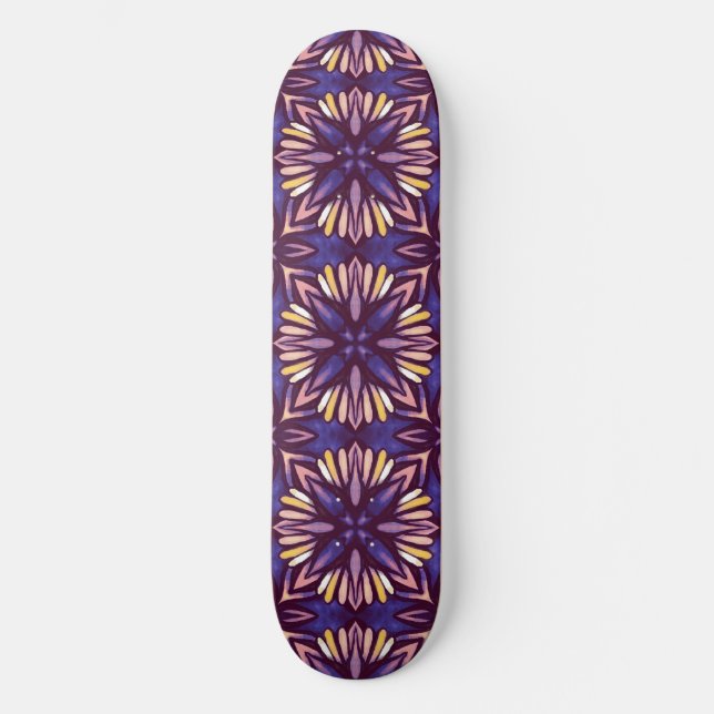 Lila Abstrakt Blommönster Gult Indigo Boho Mini Skateboard Bräda 18,5 Cm (Framsida)