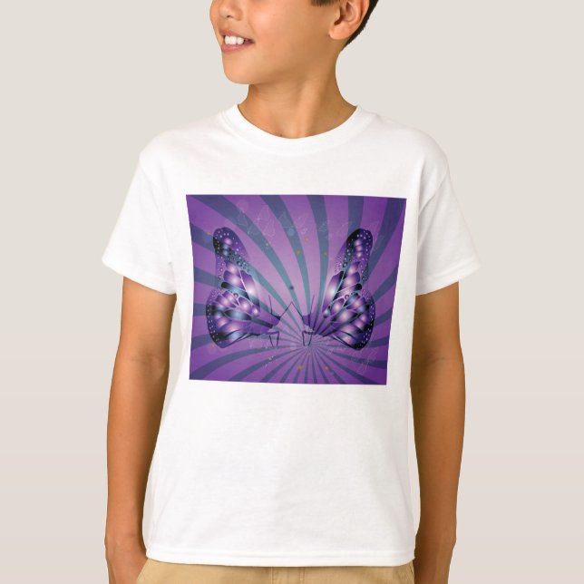 Lila Abstrakt Butterfly med Radiant Vingar T Shirt (Framsida)