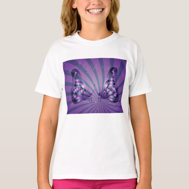 Lila Abstrakt Butterfly med Radiant Vingar T Shirt (Framsida)