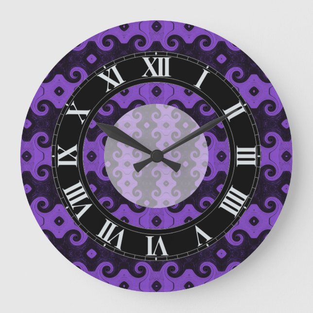 Lila Abstrakt Diamond Öga Curls Mönster Clock 2 Stor Klocka (Framsida)