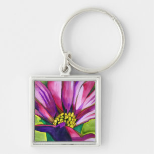 Lila Afrikas Daisy vattenfärgskonst blomma Fyrkantig Silverfärgad Nyckelring