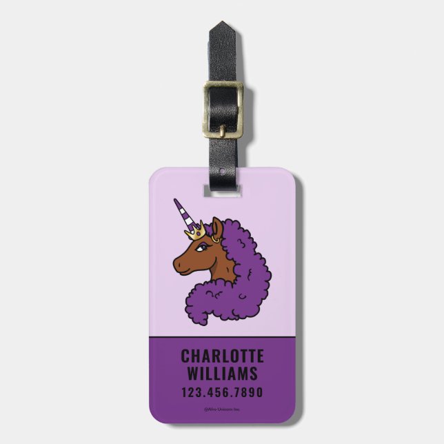Lila Afro Unicorn Bagagebricka (Vertikal Framsida)