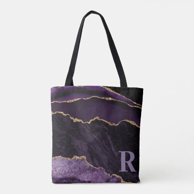 Lila Agat Falsk Glitter Anpassad Initial Monogram Tygkasse (Baksida)