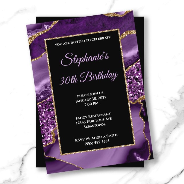 Lila Agat Guld Glitter Glam 30-årsfirande Inbjudningar (Purple Agate Gold Glitter Glam 30th Birthday Invitation)