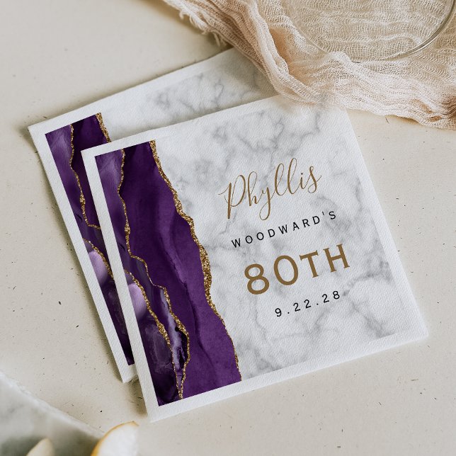 Lila Agat Marmor Guld Skrift 80-årsdag Pappersservett (Skapare uppladdad)