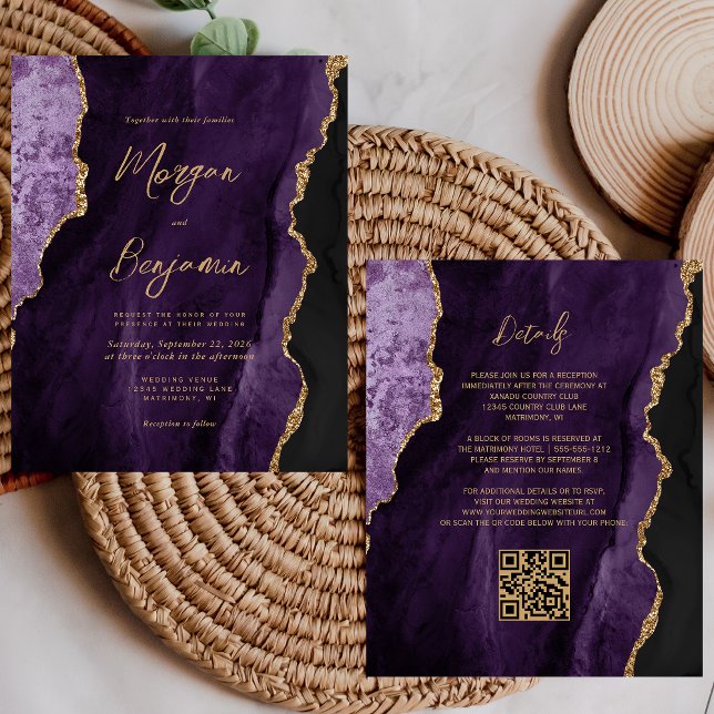 Lila Agat-Script QR-kod Bröllopsinbjudan i Budgetk (Skapare uppladdad)