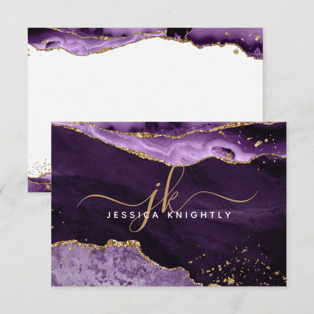 Lila Agate Geode Guld Glitter-skript Monogram Anteckningskort (Fram/baksida)