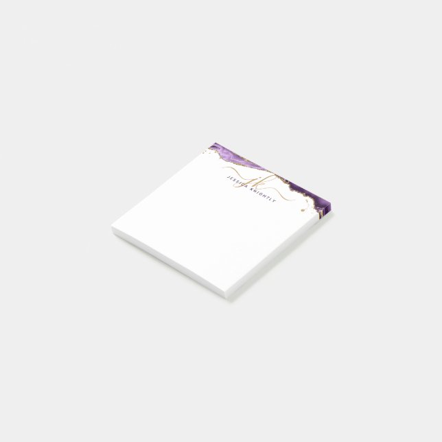 Lila Agate Geode Guld Glitter-skript Monogram Post-it Block (Vinklad)