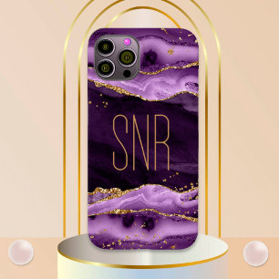 Lila Agate Geode Monogram Namn Guld Glitter
