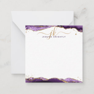 Lila Agate Geode Script Monogram Guld Glitter Anteckningskort