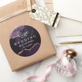 Lila Agate & Guld Bröllop Script Luxury Runt Klistermärke