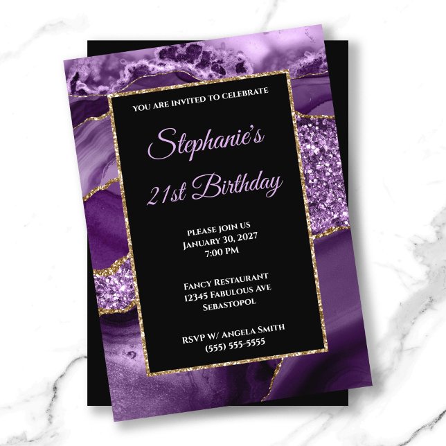 Lila Agate Guld Glitter Glam 21:a födelsedagen Inbjudningar (Purple Agate Gold Glitter Glam 21st Birthday Invitation)