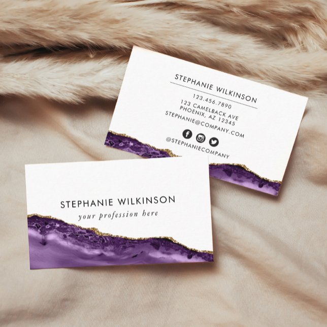 Lila Agate & Guld Gräns Watercolor Visitkort (Purple Agate & Gold Border Watercolor Business Car Business Card)