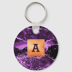 Lila agate marble guld monogram nyckelring
