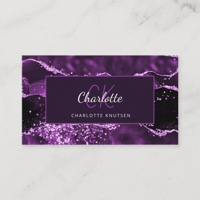 Lila agg rosa marble glitter monogram visitkort (Framsida)