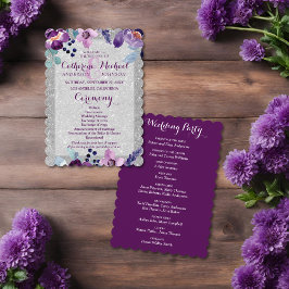 Lila akvarell blommande och silver glitter bröllop program
