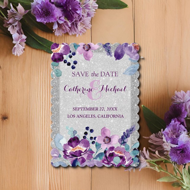 Lila akvarell blommande och silver glitter bröllop tack kort (Flat lay summer pastel purple floral silver glitter romantic plum lilac spring Save the Date)