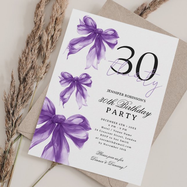 Lila akvarell Coquette Bow 30-årsfest Inbjudningar (Purple Watercolor Coquette Bow 30th Birthday Party Invitation)