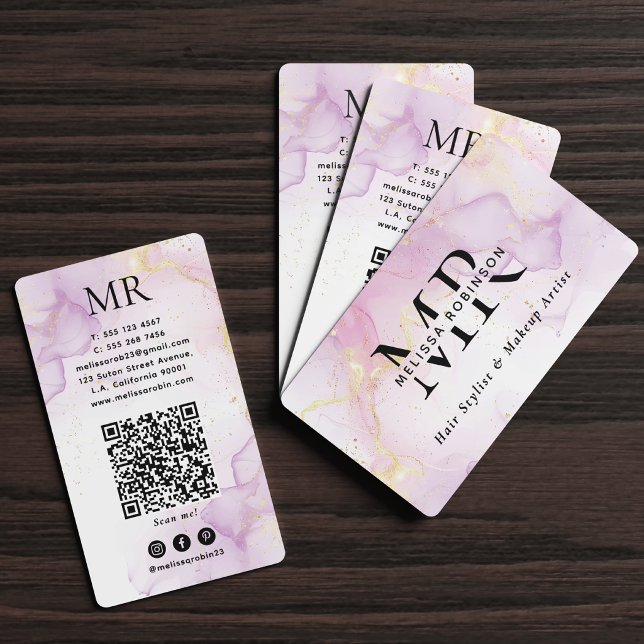 Lila akvarell & guld glitter monogram QR-kod Visitkort (Skapare uppladdad)