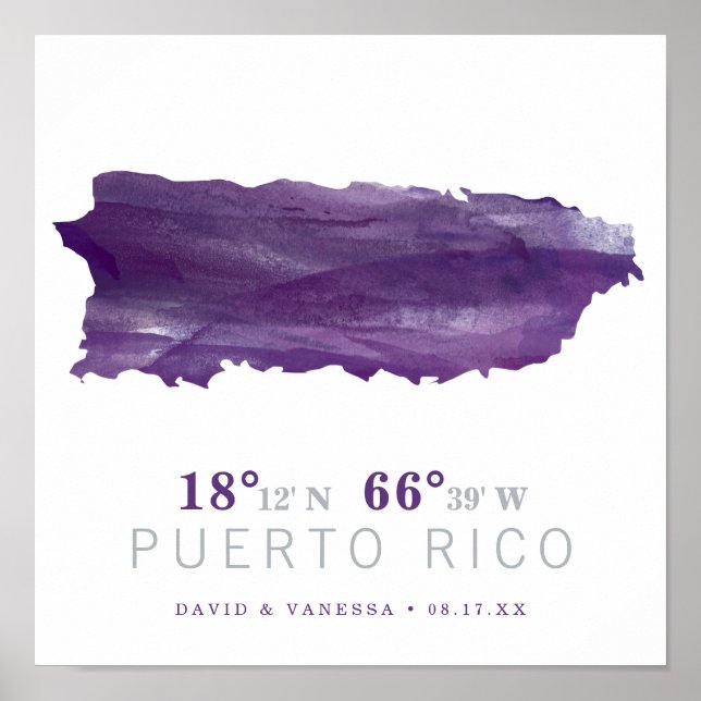 Lila akvarell Puerto Rico kartkoordinater Poster (Framsidan)