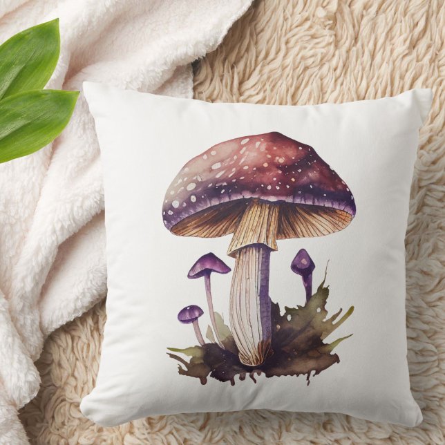 Lila akvarell skog svamp Söt rustik Kudde (A cute, whimsical purple watercolor mushroom to add Cottagecore charm to your country or city home!)