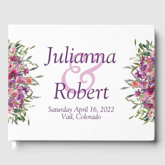 Lila akvarell vilda blommor  bröllop  gästbok (Framsida)