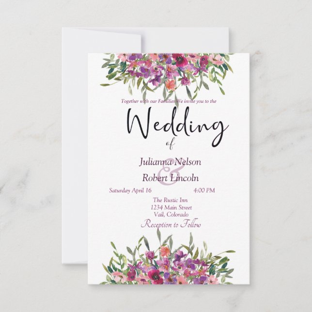 Lila akvarell vilda blommor bröllopsinbjudan inbjudningar (Framsida)