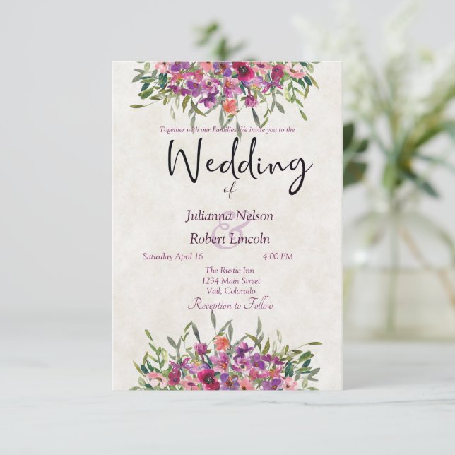 Lila akvarell vilda blommor bröllopsinbjudan inbjudningar (Stående Fram)