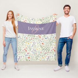Lila akvarell vildblomma boho monogramnamn fleecefilt