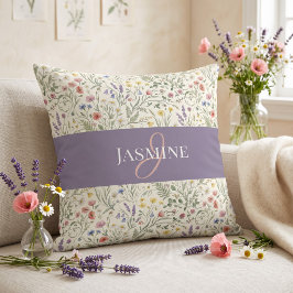 Lila akvarell vildblomma boho monogramnamn kudde