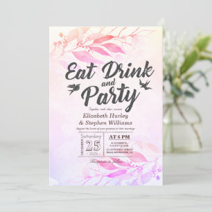Lila akvarellblad ÄT Drick & Party Bröllop Inbjudningar