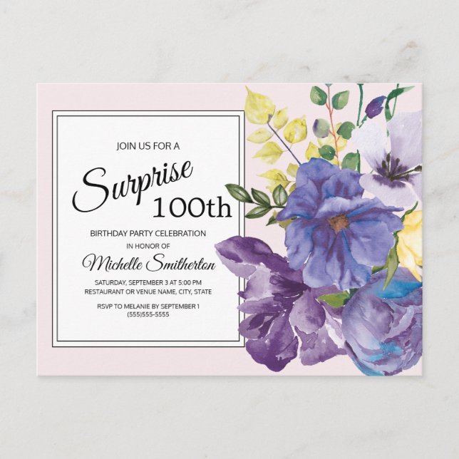 Lila akvarellblomma på rosa 100-årsfirande vykort (Framsida)