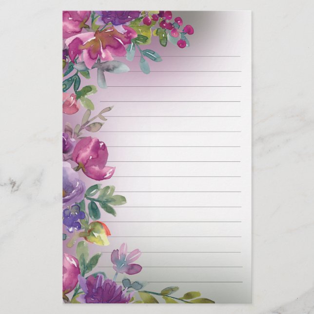 Lila akvarellblommig bladverk natur linjerad stat brevpapper (Framsida)